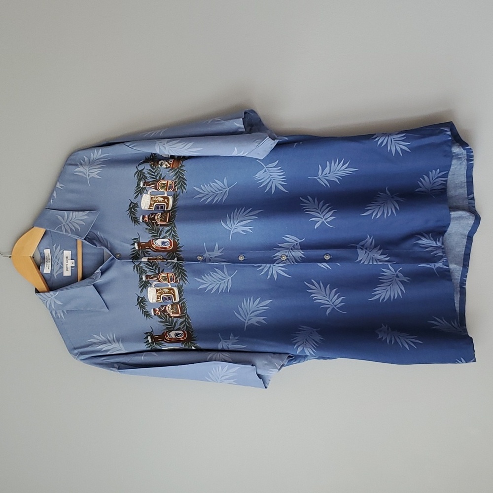 Pierre Cardin Blue Hawaiian Beer Bottles Short Sleeve Button Up Shirt Mens XL